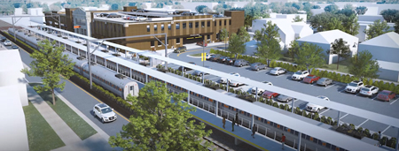 This rendering shows potential upgrades to the South Shore Line at its Michigan City station on 11th Street. Provided image