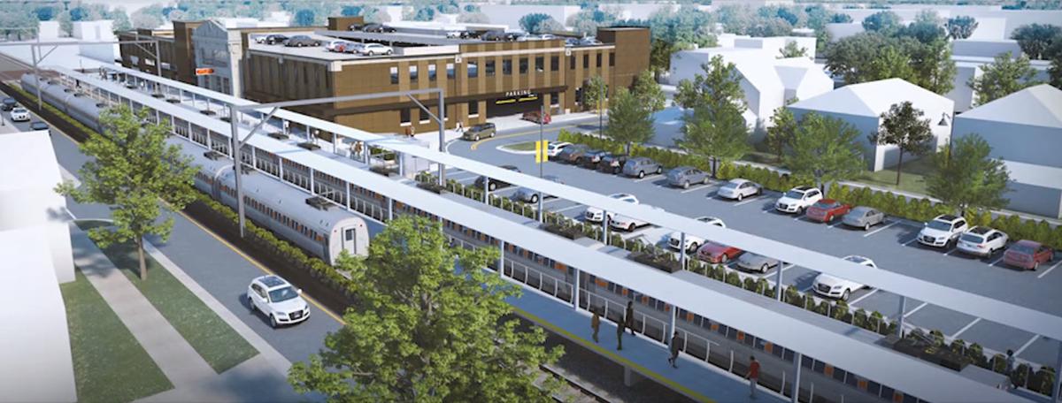 Artist’s rendering shows the potential upgrades to the South Shore Line’s 11th Street Station in Michigan City, including the new parking garage in the background. Photo provided / NICTD
