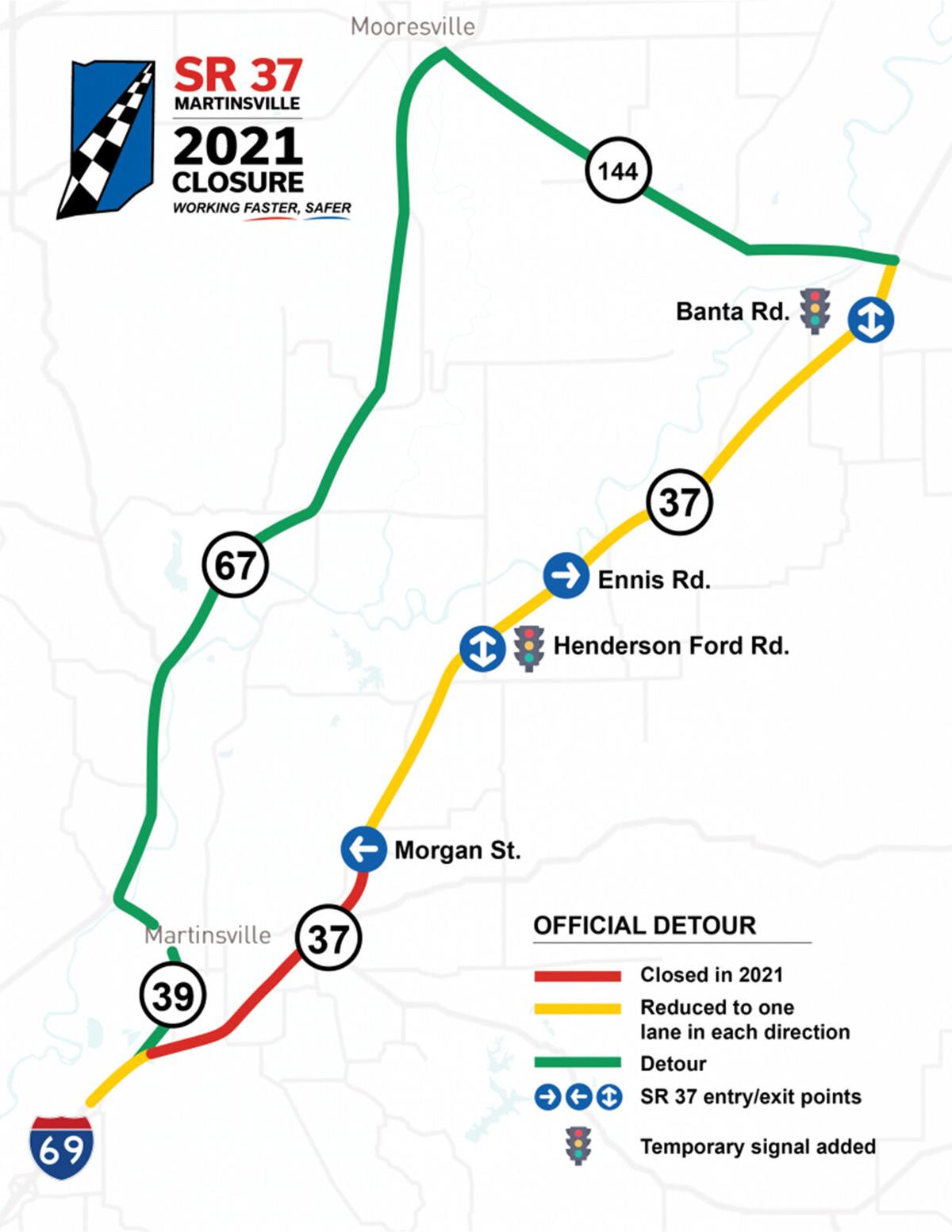 This map shows the state’s official detour around the Ind. 37 closure — utilizing the Ind. 39 bypass, Ind. 67 and Ind. 144. (I-69 Finish Line courtesy map)