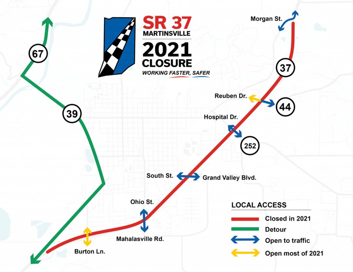 A map that shows the east / west connectivity along Ind. 37 during the closure of the five-mile stretch of highway through Martinsville. (I-69 Finish Line courtesy map)
