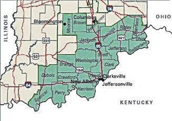 This map from ballotpedia.org shows Indiana's 9th Congressional District map based on the 2000 census.