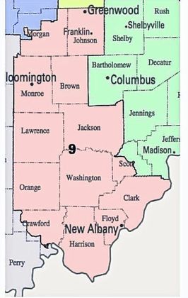 This map from ballotpedia.org shows Indiana's 9th Congressional district based on the 2010 census.