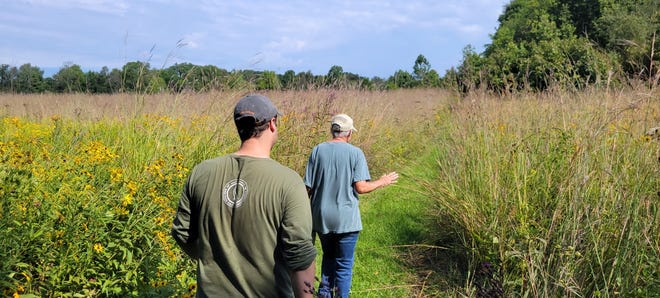 Red-tail Stewardship Coordinator Jake Gamble (left) and landowner Helen Steussy (right) tour Steussy-Williams Conservation Easement, a former alfalfa field that has been restored to prairie and forest. Image provided by Red-tail Land Conservancy