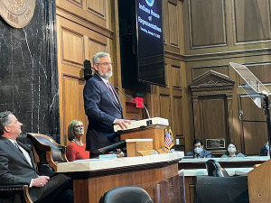 Gov. Eric Holcomb delivers his State of the State address. (IBJ photo/Emily Ketterer)