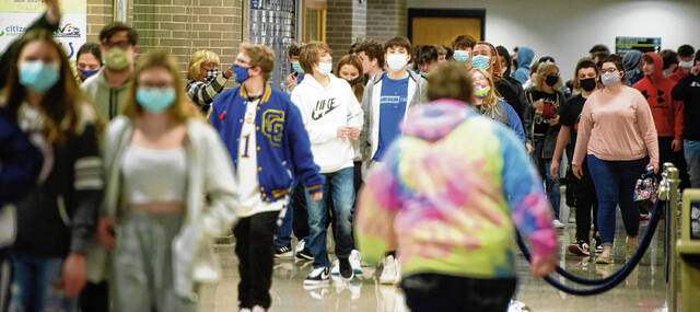 Greenfield-Central High School students navigate between classes earlier this week. Students were told to stay home starting on Thursday, Jan. 13 and won’t return to school until Tuesday, Jan. 18, providing what Superintendent Harold Olin called a “natural reset” for tamping down the spread of COVID in the school. Staff photo by Tom Russo
