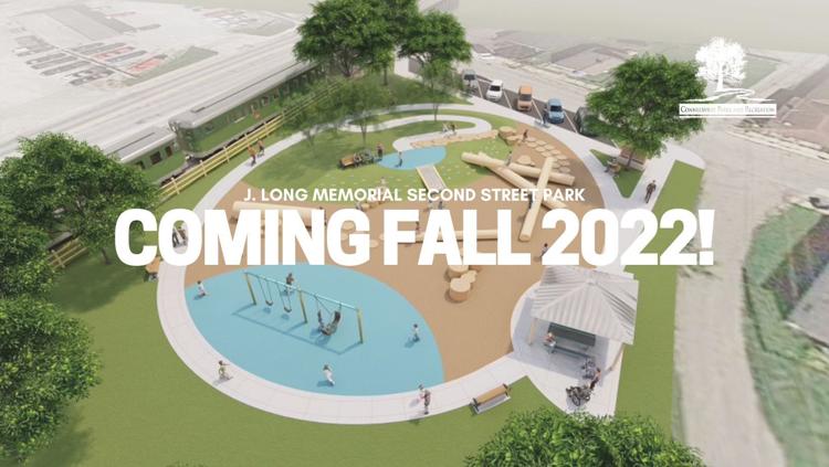 A look at the design for the J Long Memorial Second Street Park. Community members have currently surpassed the $250,000 fundraising goal for the project with donations still pending. Image Provided