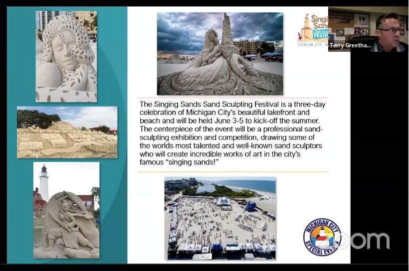 Michigan City Special Events Director Terry Greethan outlines plans for the Singing Sands Sand Sculpting Festival, the only one of its kind on Lake Michigan and planned for June 3-5. Provided image