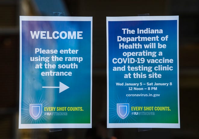 Signs outside the COVID-19 vaccination clinic on Indiana Avenue in Bloomington, Wednesday, Jan. 5, 2022. Staff photo by Rich Janzaruk