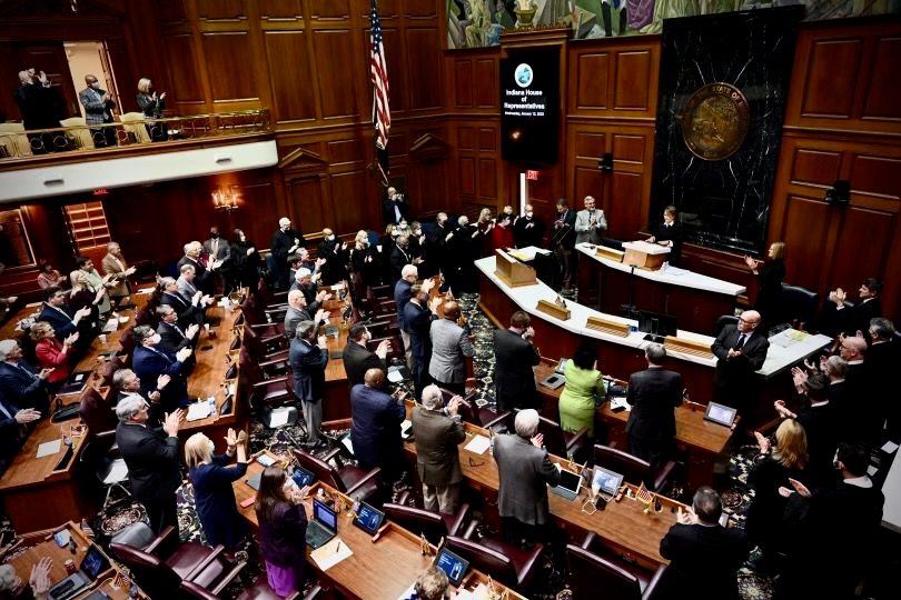 Indiana Chief Justice Loretta Rush, at rostrum, is applauded by Hoosier lawmakers after delivering her annual 'State of the Judiciary' address Jan. 12, 2022, to a joint session of the Indiana General Assembly. Provided image