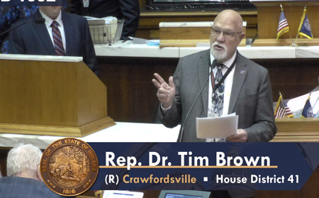 State Rep. Tim Brown, R-Crawfordsville, the sponsor of House Bill 1002, speaks Thursday in the House chamber in favor of the tax cut legislation. It passed 68-25 and now goes to a skeptical Senate. Screenshot