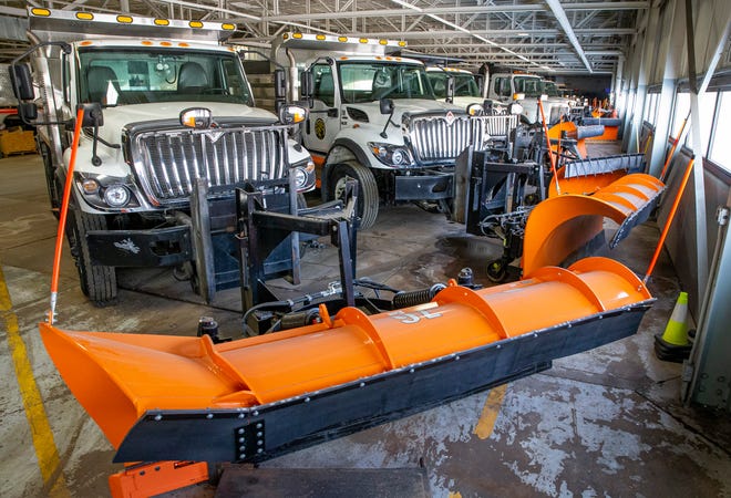 City of Mishawaka snow plows are lined up inside the municipal garage on Monday, Jan. 31, 2021. Staff photo by Robert Franklin