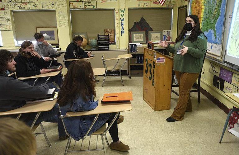 In the classroom: Bri Ulery, a senior at Indiana State University with a major in social studies education, talks to her class about the baby boomer generation as she student teaches on Tuesday, Feb. 15, 2022 at West Vigo High School. Tribune-Star/Joseph C. Garza