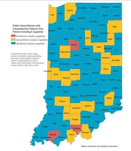 This map, provided by the Indiana Department of Health, shows which counties in Indiana have included vaporizers in their tobacco-free policies.