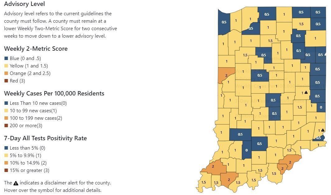 Several Indiana counties continue to shift to the yellow and blue designations on the color-coded map indicating the rate of infection in Indiana residents, with 22 counties currently in the best blue designations. Anna Ortiz screenshot