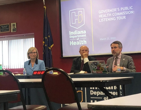 Three members of the Governor's Public Health Commission, from left, Dr. Kristina Box, state health commissioner; former state Sen. Luke Kenley, R-Noblesville; and Brian Tabor, president of the Indiana Hospital Association, participate in a public listening tour Friday at Calumet College of St. Joseph in Whiting. Staff photo by Dan Carden