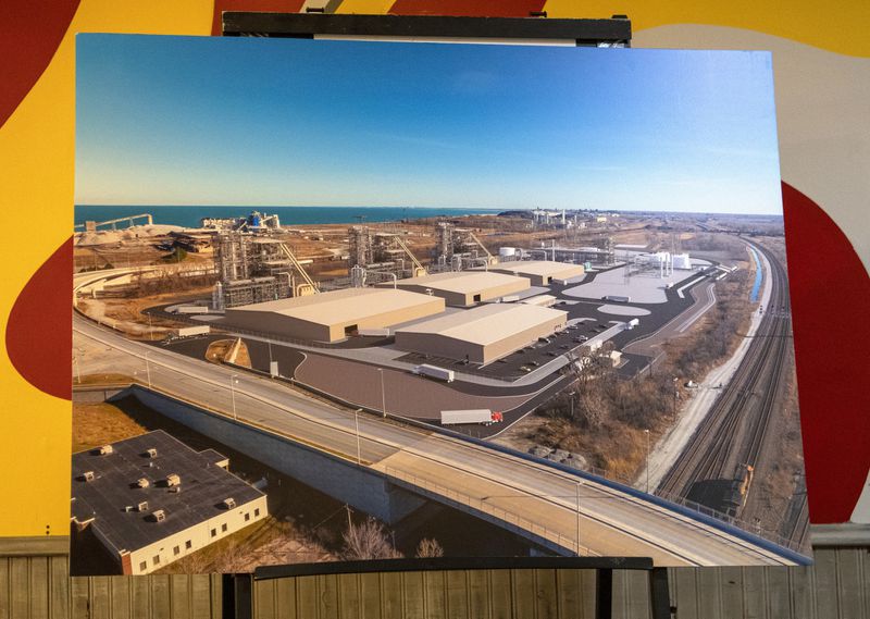 A drawing of the proposed $600 million-dollar Centerpoint BioFuels Plant by Fulcrum Bioenergy in Gary, Indiana Tuesday March 29, 2022. The plant was the topic of discussion during the monthly A Seat At The Table discussion at J’s Breakfast Club in Gary. (Andy. Lavalley for the Post-Tribune)