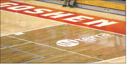 The Interra Credit Union logo is now on the court at Goshen High School after the gym was renamed Interra Gym last year. Austin Hough | The Goshen News