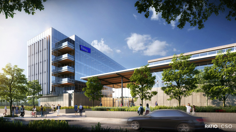 Elanco Animal Health is building a headquarters campus at the former GM stamping plant site just west of the White River at Washington Street. (Rendering by Ratio and CSO, courtesy of Elanco)