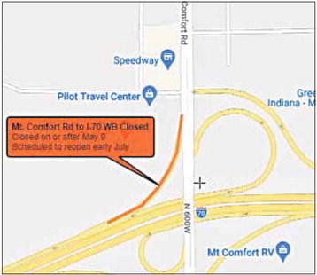 The ramp off Mt. Comfort Road to I-70 westbound is scheduled to close on or after May 9 and reopen in early July. Submitted image
