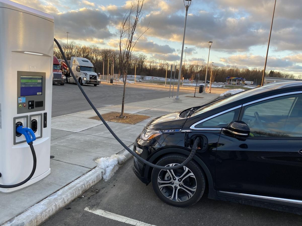 An electric vehicle charging station is shown at the Indiana Toll Road plaza in Rolling Prairie. Federal money will soon help the state develop a charging network along all of its interstate highways. Provided image