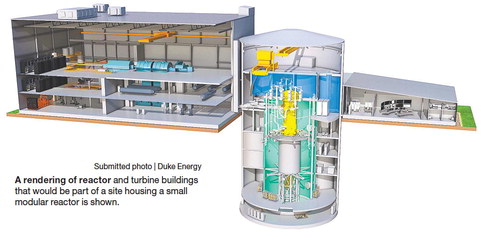 A rendering of reactor and turbine buildings that would be part of a site housing a small modular reactor is shown. Submitted photo | Duke Energy