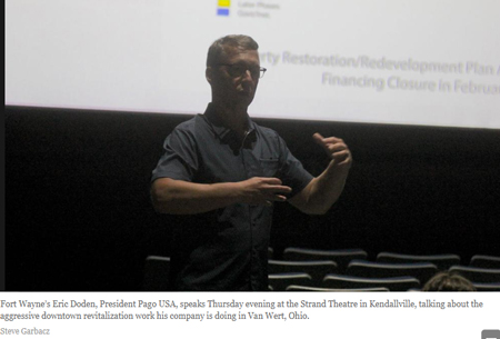Fort Wayne’s Eric Doden, President Pago USA, speaks Thursday evening at the Strand Theatre in Kendallville, talking about the aggressive downtown revitalization work his company is doing in Van Wert, Ohio. Staff photo by Steve Garbacz