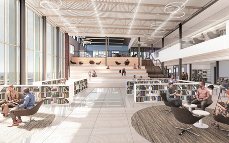 Here’s a look inside the interior planned for the new Westfield-Washington Public Library. Construction is expected to begin later this year on the $17.7 million facility. (Rendering courtesy of krM Architecture)