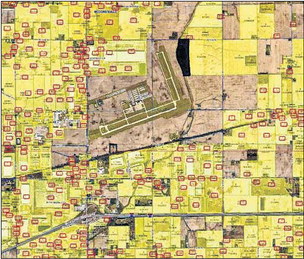 Land parcels in yellow near the Indianapolis Regional Airport in western Hancock County have had a change in ownership since 2011, and the ones with red circles have been transferred since 2019. Submitted image