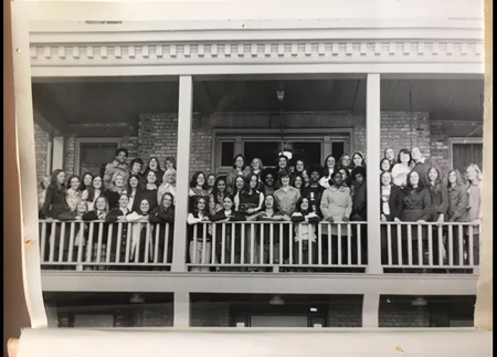Women living in Badin Hall gather on a balcony in the fall of 1972, the first semester of coeducation at the University of Notre Dame. SHARON MCAULIFFE