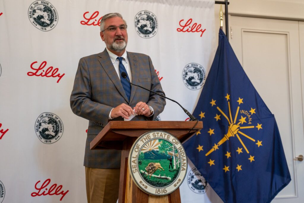 Gov. Eric Holcomb at a May 2022 announcement of a $2.1 billion Eli Lilly investment. (Photo from official Holcomb Facebook)
