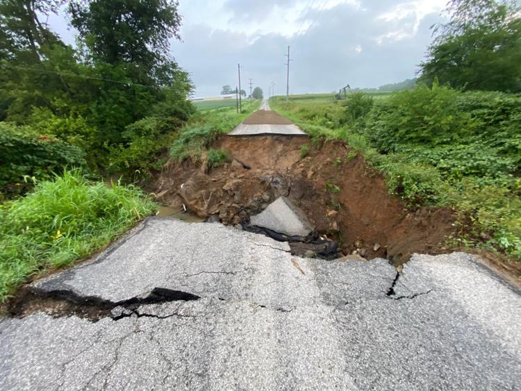 This section of Pine Bluff Road near Bicknell was completely washed out Sunday night after as much as eight inches of rain fell on northeastern-most points of Knox County. Photo courtesy of We Are Knox County