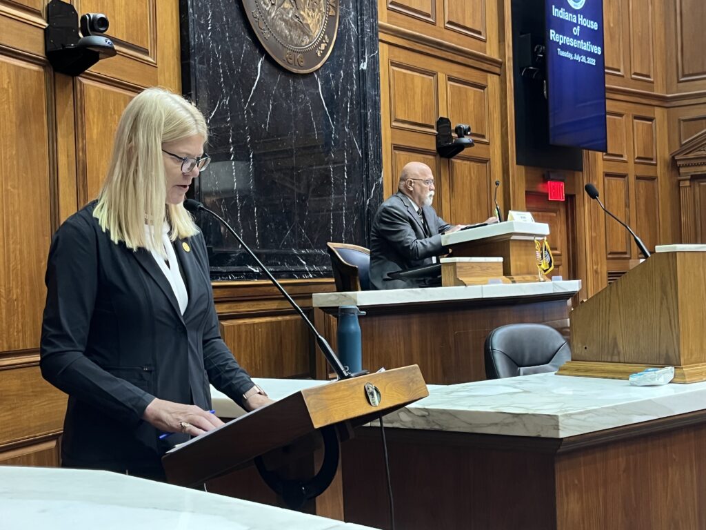Rep. Sharon Negele, R-Attica, presents her bill funding social services for maternal and child health before the House Ways and Means Committee Tuesday. (Whitney Downard/Indiana Capital Chronicle)