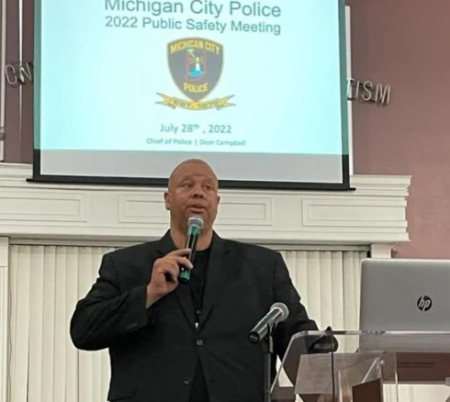 Michigan City Police Chief Dion Campbell, speaking at a public safety meeting on Thursday night, called for implementation of the Flock Safety System in hope of cutting crime y 25 percent in three years. Photo by Jessica O'Brien