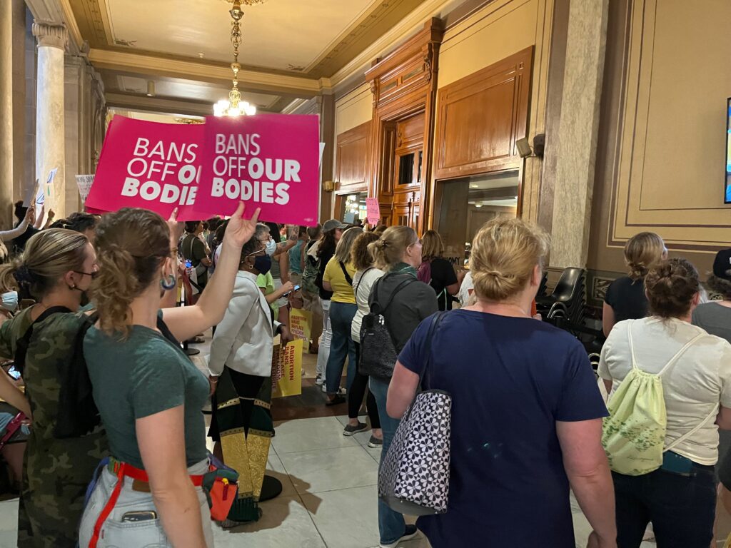 Hundreds of Hoosiers stand outside the Indiana House during a X-hour debate on a restrictive abortion ban. (Whitney Downard/Indiana Capital Chronicle)