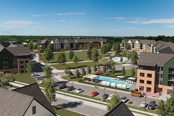 Riverplace Apartments will be part of a major project near the White River at East 96th Street and Allisonville Road. (Rendering courtesy city of Fishers)
