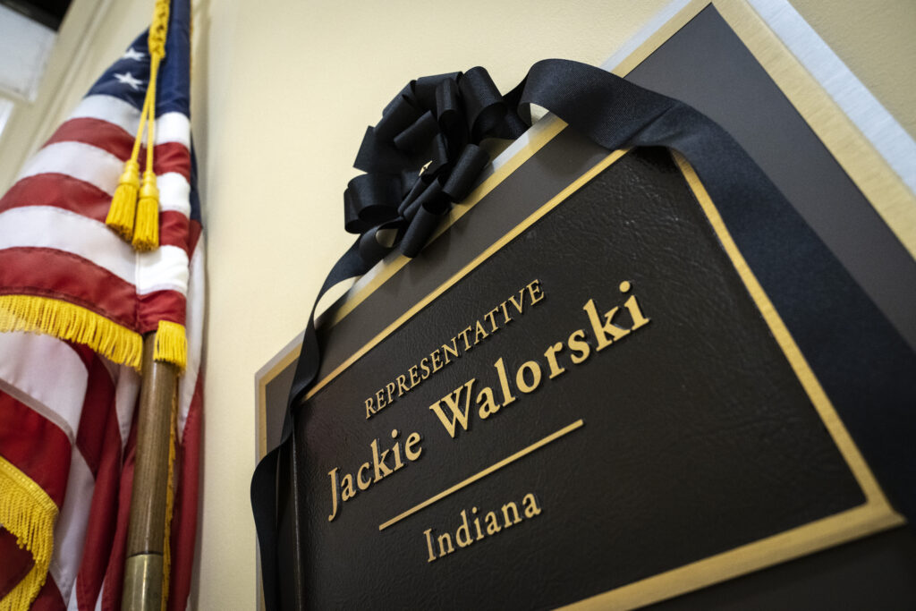 WASHINGTON, DC – AUGUST 4: A black ribbon adorns the nameplate of the late Rep. Jackie Walorski (R-IN) at her office in the Cannon House Office Building on August 4, 2022 in Washington, DC. Walorski, 58, and two staff members were killed in a car crash in Elkhart County, Indiana on Wednesday. (Photo by Drew Angerer/Getty Images)