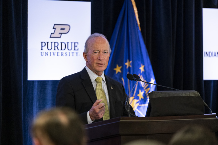 Purdue University President Mitch Daniels speaks during an announcement about the transformation of the IUPUI campus, on Friday, Aug. 12, 2022. (IBJ photo/Mickey Shuey)