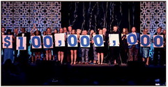 A big number: Indiana State University supporters stand on stage at Hulman Center on Friday night with placards spelling out $100,000,000 — the amount the university seeks to raise in its fundraising effort, “Be So Bold.” Photo courtesy of ISU