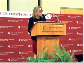 Kelly Ryan, interim chancellor of IU Southeast, tells the State of the Campus audience how the campus is changing. Photo by Erik Hackman | News and Tribune