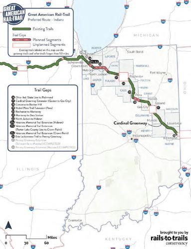 A map of existing and planned trails across Indiana that will be part of the Great American Rail-Trail. Image provided by Rails-to-Trails Conservancy