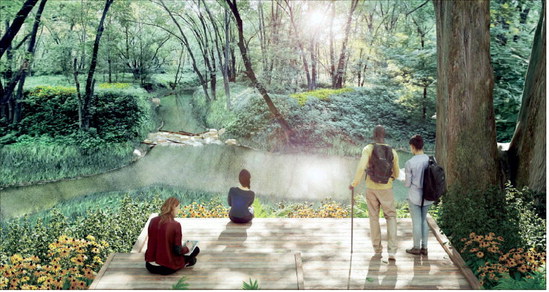 A rendering shows plans for Buttonbush Woods, a section of Origin Park’s first phase. The wooded area will include a system of trails along Mill Creek. Provided images