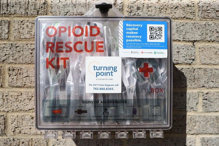 An Opioid Rescue Kit can be seen on the south side of Kokomo-Howard County Public Library's downtown Kokomo branch on Sept. 21, 2022. Staff photo by Kelly Lafferty Gerber