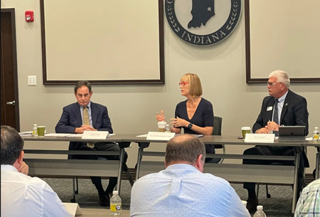 Indiana Lt. Gov. Suzanne Crouch responds to a question during the Rush County roundtable. David Terrell, director of Indiana Communities Institute at BSU is at left. Travis Weik / C-T photo