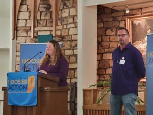 Carissa Miller and Tony Hostetler lead the program by telling the audience about their experience with addiction and how Narcan can save someone’s life from a drug overdose. 
Erik Hackman | News and Tribune