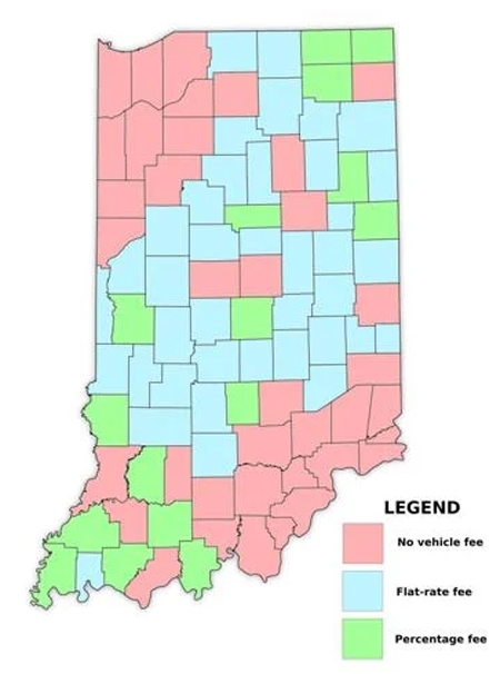 This map shows which Indiana counties do and don't have county vehicle registration fees for passenger vehicles and, for those that do, what method they utilize to charge motorists. Steve Garbacz