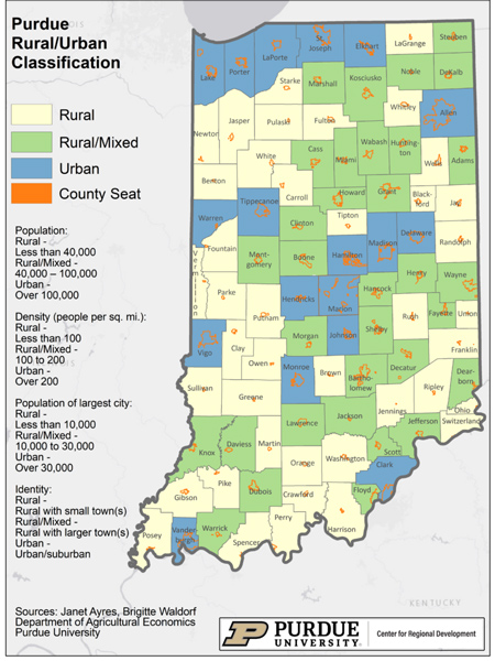  Forty counties in Indiana are considered “rural,” based on methodology used by Purdue University. (Purdue University/Indiana Office of Community & Rural Affairs)