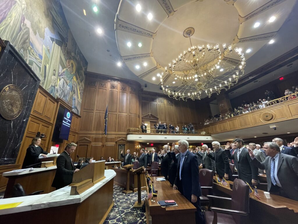 Indiana House members return for Organization Day, which includes being sworn in, a few speeches and some procedural motions to set up a return in January. (Photo by Leslie Bonilla Muñiz)