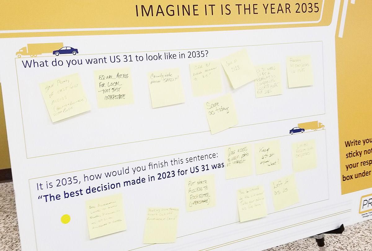 At this station, attendees of the first public information meeting for a study of U.S. 31 were provided sticky notes to share their ideas for what the corridor should look like in 2035. 
The Sentinel photo / Wesley Dehne