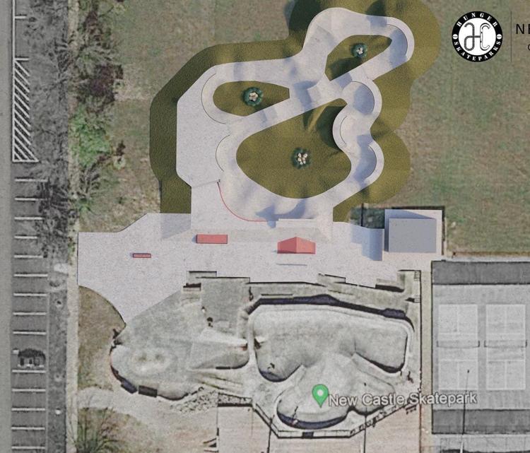 A rendering by Hunger Skateparks shows the general layout of the New Castle Skate Park expansion. The site will include an All Wheels Welcome Pump Track and an expanded street-style section. Photo provided