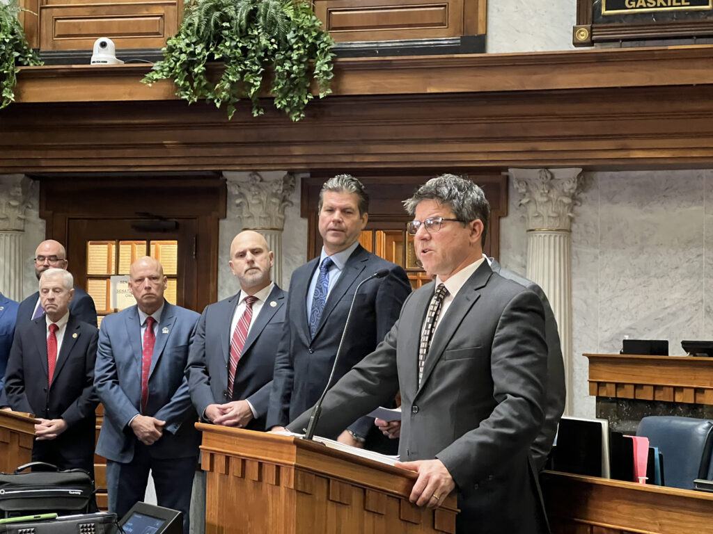 Republican Senate Pro Tem Rodric Bray (R-Martinsville at right) outlines the Indiana Senate GOP’s 2023 legislative priorities at the Indiana Statehouse on Monday, Jan. 9, 2023. (Casey Smith/Indiana Capital Chronicle)